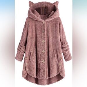 Women’s Cozy Pink Teddy Jacket w/ Cat Ear Hood Button Down Long Sleeve, Size 14